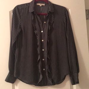 LOFT XS- striped collared top with ruffle detail
